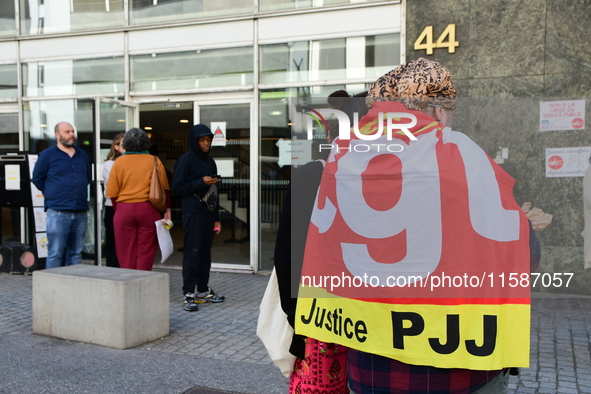 Several CGT demonstrators in front of the Lyon court protest against the elimination of posts in the youth judicial police in Lyon, France,...