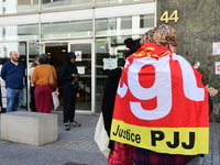 Several CGT demonstrators in front of the Lyon court protest against the elimination of posts in the youth judicial police in Lyon, France,...