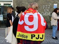 Several CGT demonstrators in front of the Lyon court protest against the elimination of posts in the youth judicial police in Lyon, France,...