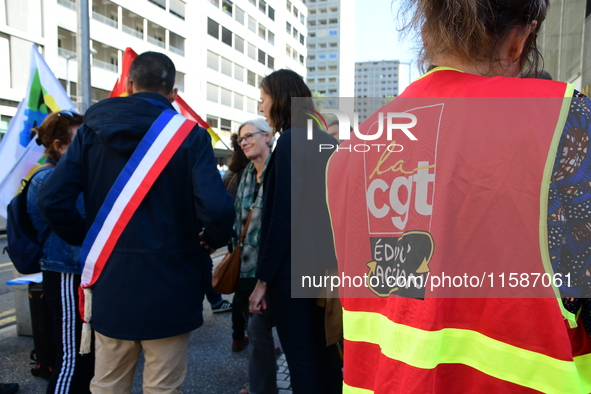 Several CGT demonstrators in front of the Lyon court protest against the elimination of posts in the youth judicial police in Lyon, France,...