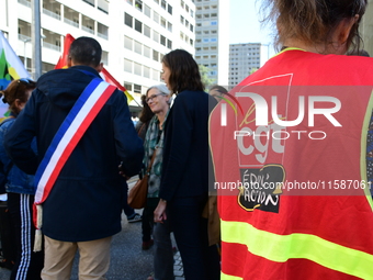 Several CGT demonstrators in front of the Lyon court protest against the elimination of posts in the youth judicial police in Lyon, France,...