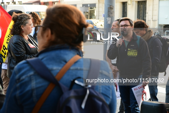 Several CGT demonstrators in front of the Lyon court protest against the elimination of posts in the youth judicial police in Lyon, France,...