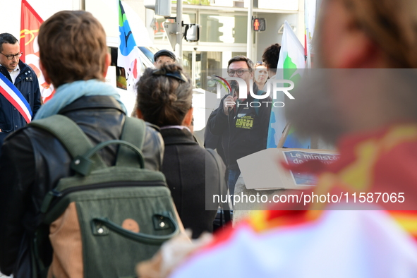 Several CGT demonstrators in front of the Lyon court protest against the elimination of posts in the youth judicial police in Lyon, France,...