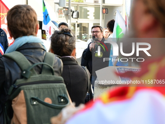 Several CGT demonstrators in front of the Lyon court protest against the elimination of posts in the youth judicial police in Lyon, France,...