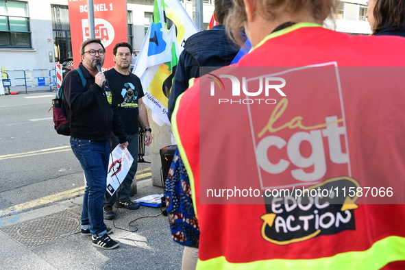 Several CGT demonstrators in front of the Lyon court protest against the elimination of posts in the youth judicial police in Lyon, France,...