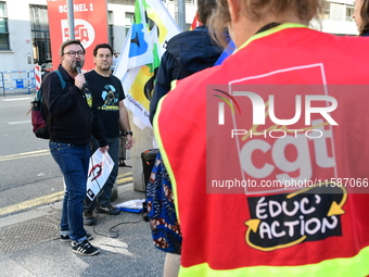 Several CGT demonstrators in front of the Lyon court protest against the elimination of posts in the youth judicial police in Lyon, France,...