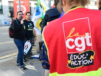 Several CGT demonstrators in front of the Lyon court protest against the elimination of posts in the youth judicial police in Lyon, France,...