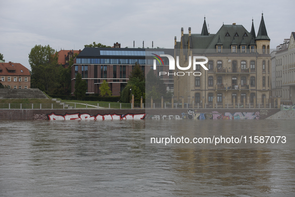 The water level in the Oder River in Wroclaw, Poland, is high on September 19, 2024. 