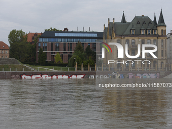 The water level in the Oder River in Wroclaw, Poland, is high on September 19, 2024. (