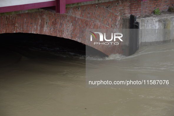 High waters in the Oder River are pictured in Wroclaw, Poland, on September 19, 2024. 