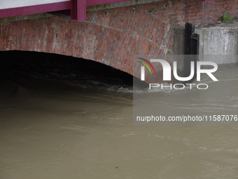 High waters in the Oder River are pictured in Wroclaw, Poland, on September 19, 2024. (