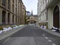 Sandbags lie against buildings during high water levels in the Oder River in Wroclaw, Poland, on September 19, 2024. (