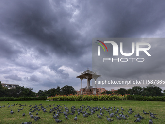 Dark clouds hover over Statue Circle during the monsoon season in Jaipur, Rajasthan, India, on September 19, 2024. (