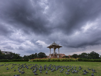 Dark clouds hover over Statue Circle during the monsoon season in Jaipur, Rajasthan, India, on September 19, 2024. (