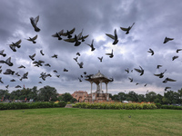 Dark clouds hover over Statue Circle during the monsoon season in Jaipur, Rajasthan, India, on September 19, 2024. (