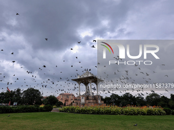 Dark clouds hover over Statue Circle during the monsoon season in Jaipur, Rajasthan, India, on September 19, 2024. (