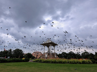 Dark clouds hover over Statue Circle during the monsoon season in Jaipur, Rajasthan, India, on September 19, 2024. (