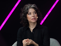 Meredith Whittaker, Co-Founder of AI Now Institute Signal, speaks at Media Park on the second day of Deutsche Telekom's Digital X event in C...