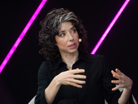 Meredith Whittaker, Co-Founder of AI Now Institute Signal, speaks at Media Park on the second day of Deutsche Telekom's Digital X event in C...