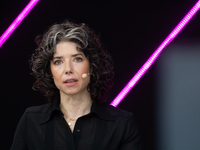 Meredith Whittaker, Co-Founder of AI Now Institute Signal, speaks at Media Park on the second day of Deutsche Telekom's Digital X event in C...