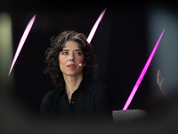 Meredith Whittaker, Co-Founder of AI Now Institute Signal, speaks at Media Park on the second day of Deutsche Telekom's Digital X event in C...