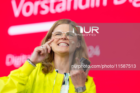 Daniela Gerd tom Markotten, Board Member for Digitalization and Technology at Deutsche Bahn AG, speaks at Media Park on the second day of De...