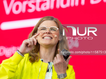 Daniela Gerd tom Markotten, Board Member for Digitalization and Technology at Deutsche Bahn AG, speaks at Media Park on the second day of De...