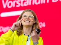 Daniela Gerd tom Markotten, Board Member for Digitalization and Technology at Deutsche Bahn AG, speaks at Media Park on the second day of De...