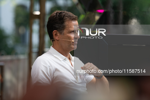 Oliver Bierhoff, Chairman and Co-Founder of FINVIA Sports GmbH, speaks at Stadtgarten on the second day of Deutsche Telekom's Digital X even...