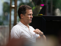 Oliver Bierhoff, Chairman and Co-Founder of FINVIA Sports GmbH, speaks at Stadtgarten on the second day of Deutsche Telekom's Digital X even...