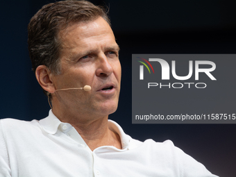 Oliver Bierhoff, Chairman and Co-Founder of FINVIA Sports GmbH, speaks at Stadtgarten on the second day of Deutsche Telekom's Digital X even...