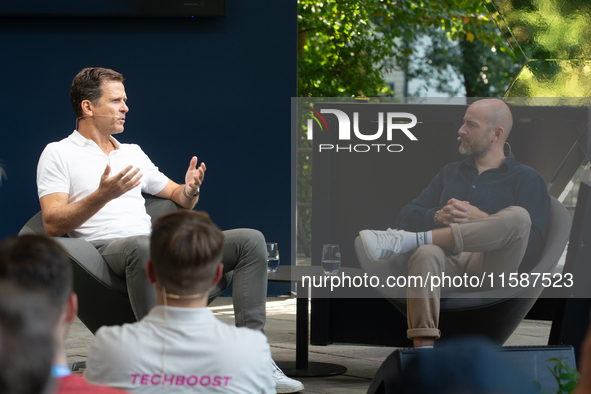 Oliver Bierhoff, Chairman and Co-Founder of FINVIA Sports GmbH, speaks at Stadtgarten on the second day of Deutsche Telekom's Digital X even...