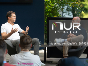 Oliver Bierhoff, Chairman and Co-Founder of FINVIA Sports GmbH, speaks at Stadtgarten on the second day of Deutsche Telekom's Digital X even...