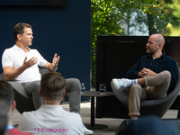 Oliver Bierhoff, Chairman and Co-Founder of FINVIA Sports GmbH, speaks at Stadtgarten on the second day of Deutsche Telekom's Digital X even...