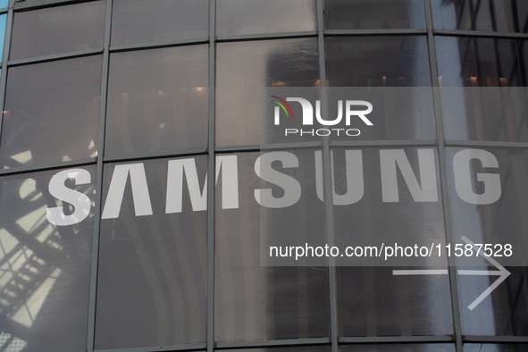 The sign of ''Samsung'' is seen at Media Park on the second day of Deutsche Telekom's Digital X event in Cologne, Germany, on September 18,...