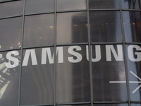 The sign of ''Samsung'' is seen at Media Park on the second day of Deutsche Telekom's Digital X event in Cologne, Germany, on September 18,...