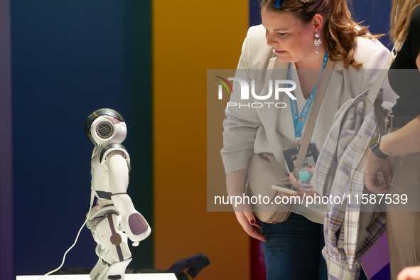 NAO, the humanoid robot, is on display at Media Park in Cologne, Germany, on September 18, 2024, on the second day of Deutsche Telekom's Dig...