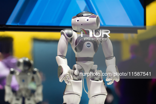 NAO, the humanoid robot, is on display at Media Park in Cologne, Germany, on September 18, 2024, on the second day of Deutsche Telekom's Dig...