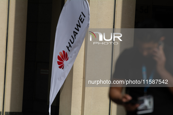 A Huawei sign is seen at Media Park on the second day of Deutsche Telekom's Digital X event in Cologne, Germany, on September 18, 2024. 