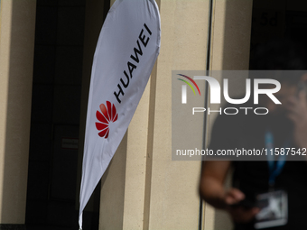 A Huawei sign is seen at Media Park on the second day of Deutsche Telekom's Digital X event in Cologne, Germany, on September 18, 2024. (