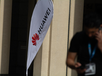 A Huawei sign is seen at Media Park on the second day of Deutsche Telekom's Digital X event in Cologne, Germany, on September 18, 2024. (