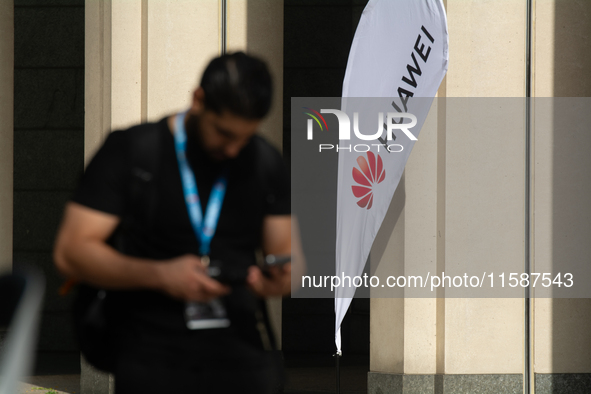 A Huawei sign is seen at Media Park on the second day of Deutsche Telekom's Digital X event in Cologne, Germany, on September 18, 2024. 