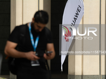 A Huawei sign is seen at Media Park on the second day of Deutsche Telekom's Digital X event in Cologne, Germany, on September 18, 2024. (