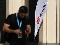 A Huawei sign is seen at Media Park on the second day of Deutsche Telekom's Digital X event in Cologne, Germany, on September 18, 2024. (