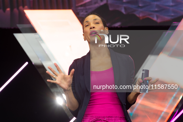 Annabelle Mandeng, a German actress, speaks at Media Park on the second day of Deutsche Telekom's Digital X event in Cologne, Germany, on Se...