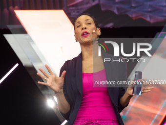 Annabelle Mandeng, a German actress, speaks at Media Park on the second day of Deutsche Telekom's Digital X event in Cologne, Germany, on Se...