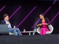 Carsten Maschmeyer, an international startup investor, and Annabelle Mandeng, a German actress, speak at Media Park on the second day of Deu...