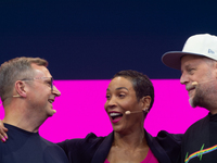 Smudo, a German musician, Klaus Werner, Managing Director Business Customers Telekom Deutschland GmbH, and Annabelle Mandeng, a German actre...