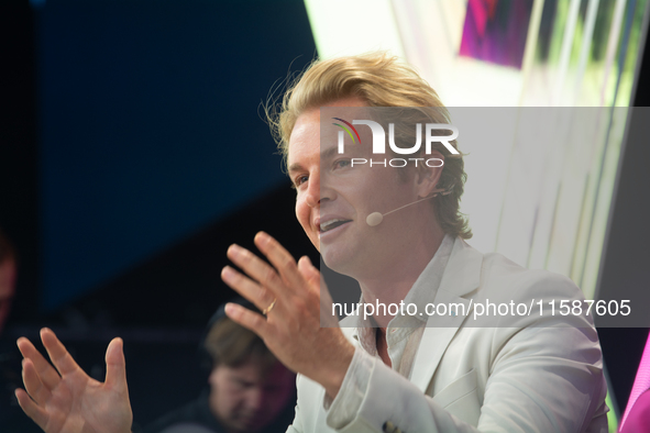 Nico Rosberg, Formula One World Champion, speaks at Media Park on the second day of Deutsche Telekom's Digital X event in Cologne, Germany,...