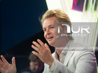 Nico Rosberg, Formula One World Champion, speaks at Media Park on the second day of Deutsche Telekom's Digital X event in Cologne, Germany,...